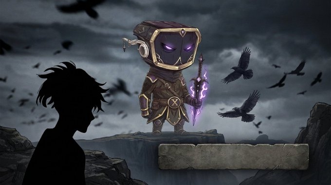 Dark fantasy scene featuring a shadowy character facing a small hooded figure with glowing purple eyes holding a purple glowing sword, surrounded by flying black ravens under a stormy sky.