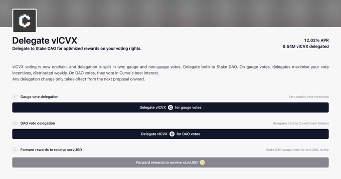 A web interface for 'Delegate vlCVX' shows options to delegate to Stake DAO for optimized voting rewards, with 12.02% APR and 9.54M vlCVX delegated, including buttons for gauge and DAO vote delegation.