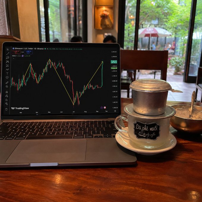 A MacBook displaying a TradingView chart for Ethereum/US Dollar on Binance sits on a wooden table next to a Vietnamese coffee cup from 'Cà phê muối' and a metal pot.
