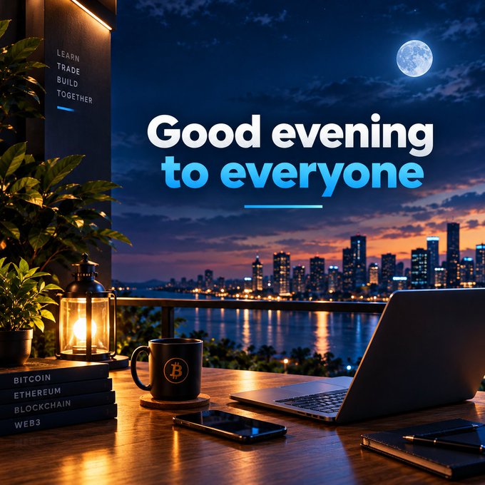 A digital greeting card with the text 'Good evening to everyone' displayed over a nighttime cityscape, accompanied by a Bitcoin mug, a laptop, and books labeled 'BITCOIN', 'ETHEREUM', 'BLOCKCHAIN', and 'WEB3'.