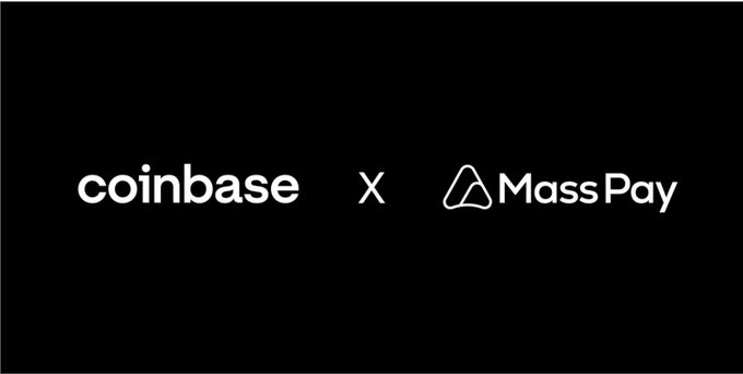 The image features a black background with white text that reads "Coinbase x MassPay". The text is centered against a gray background, making it stand out prominently. The image also includes an illustration of a coin base logo and a Bitcoin symbol, which are related to the cryptocurrency market.