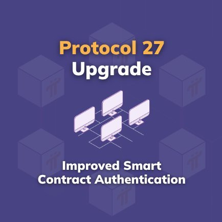 Promotional image announcing "Protocol 27 Upgrade" featuring a network of connected computer monitors with the subtitle "Improved Smart Contract Authentication." The graphic visually represents Pi Network's Testnet upgrade from Protocol 26, highlighting the new enhanced and flexible smart contract authentication features for accounts and applications.