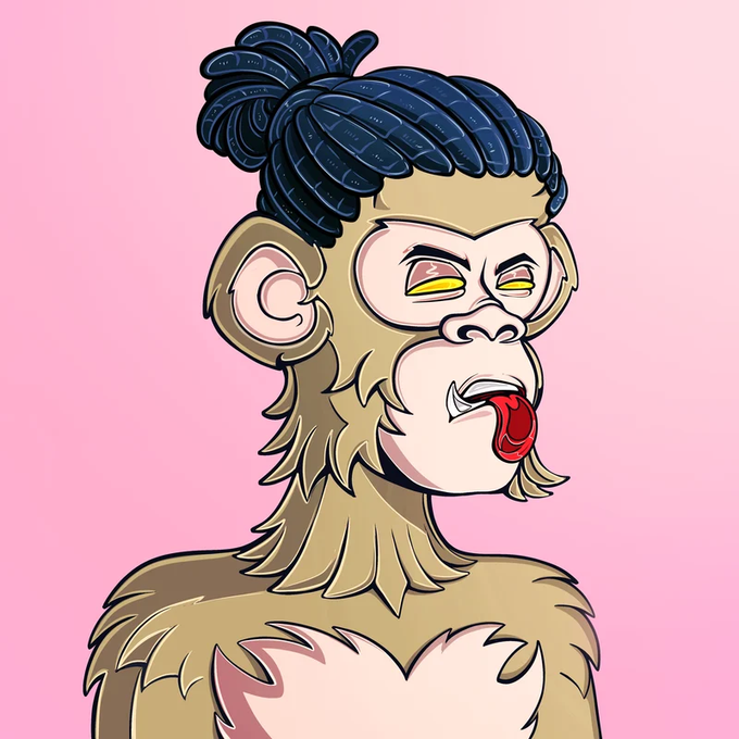 A digital illustration of a monkey character with a dark blue top knot hairstyle, yellow eyes, and its red tongue sticking out against a pink background.