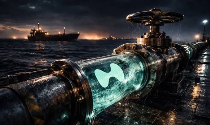 A futuristic scene depicts a large industrial pipeline running across the ocean with a glowing green liquid inside, while a ship is silhouetted against a dramatic cloudy sky in the background.
