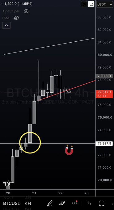 A 4-hour Bitcoin/Tether perpetual contract (BTCUSD) chart on TradingView showing a price level of 72,927.9 circled in yellow near the recent low, with a magnet emoji suggesting 73k is likely to be retested, alongside key price markers at 77,017 and 78,309.