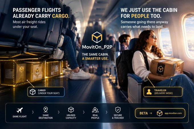 Promotional graphic for 'MovitOn_P2P' featuring a split image of an airplane cabin: left side shows 'PASSENGER FLIGHTS ALREADY CARRY CARGO' with boxes labeled 'CARGO (UNDER YOUR SEAT)', and right side shows 'WE JUST USE THE CABIN FOR PEOPLE TOO' with a woman holding a 'TRAVELER (DELIVERY NODE)' box, promoting their BETA app.