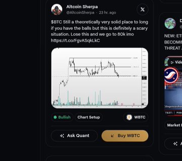 A Twitter post from Altcoin Sherpa (@AltcoinSherpa) discussing BTC, showing a price chart and stating 'BTC Still a theoretically very solid place to long if you have the balls but this is definitely a scary situation. Lose this and we go to 60k imo'.