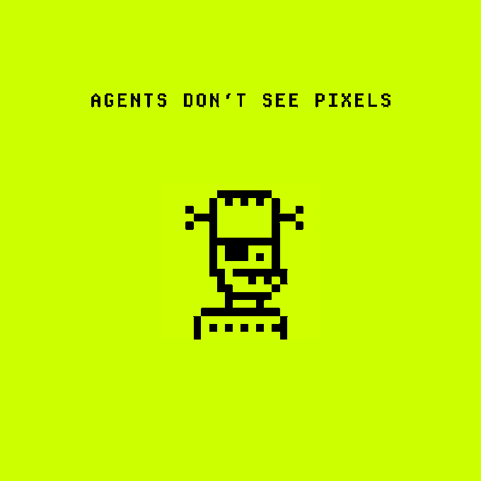 A pixel-art robot with antennas and a base plate stands against a bright chartreuse background, beneath the black pixelated text "AGENTS DON'T SEE PIXELS." The retro robotic figure visually reinforces the post's point about AI agents interpreting on-chain NFT data rather than visual artwork, aligning with the discussion of ERC-8004 and agent-ready NFTs.
