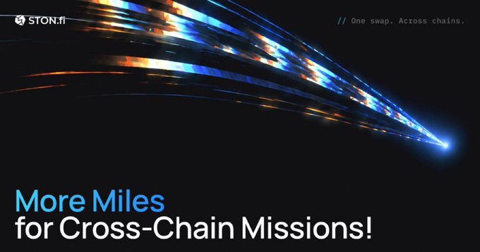 Advertisement for STON.fi with the tagline 'One swap. Across chains.' and headline 'More Miles for Cross-Chain Missions!' with a streak of light on a dark background.