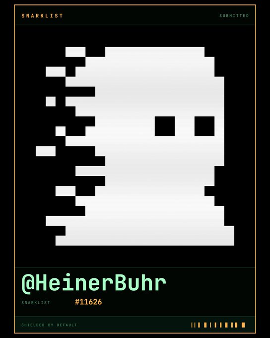A pixelated white ghost-like figure appears on a dark background labeled 'SNARKLIST' with the handle '@HeinerBuhr' and number '#11626'.