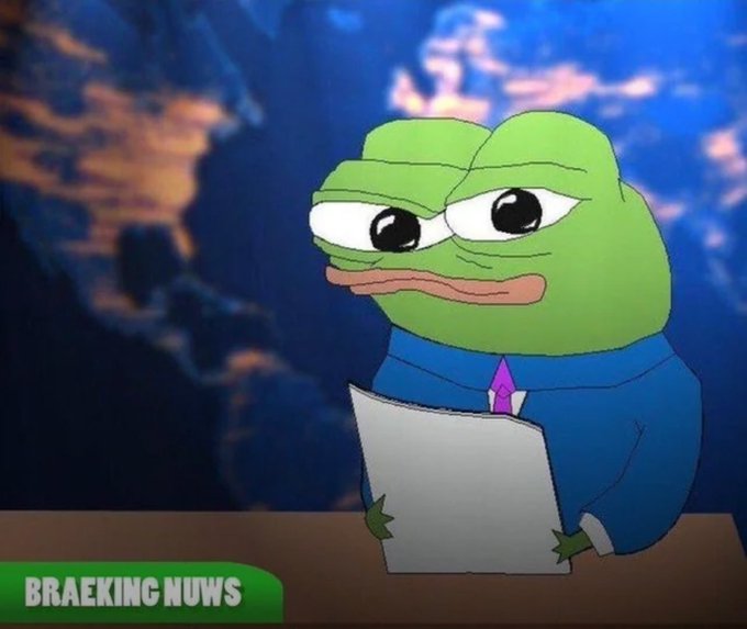 A meme image of Pepe the Frog dressed as a news anchor in a blue suit, reading from papers at a desk with a 'BRAEKING NUWS' banner at the bottom.