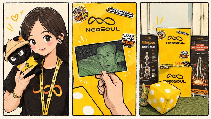 A three-panel illustration featuring a woman holding a NeoSoul plush mascot, a hand holding a '$NEOSOUL' card with an infinity symbol logo and '#NeoTradeKnows' hashtag, and a physical event booth displaying NeoSoul 'Cook the Future' branding with a large yellow die.