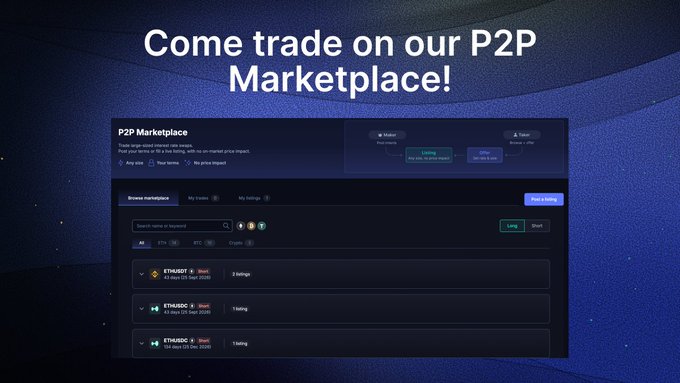A promotional graphic with white text on a blue background reading 'Come trade on our P2P Marketplace!' showing a screenshot of a P2P trading interface with ETH/USDT listings.