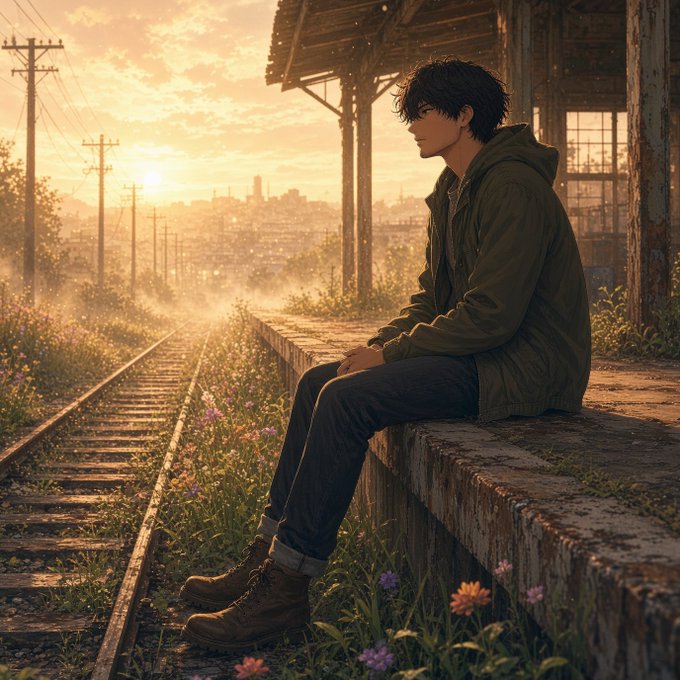 An anime-style illustration shows a young man with dark hair sitting on a weathered platform beside abandoned railway tracks, gazing thoughtfully at a sunlit cityscape in the distance.