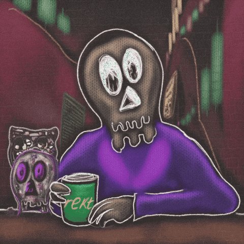 The image features a cartoon depiction of a man wearing a purple shirt, sitting at a table with a cup of coffee next to him. The man has a skull design on his face, giving him an eerie appearance. In front of the man is a green mug that says "REKT" written in white letters. The background shows a brick wall and a building, adding depth to the scene. The image also contains text that reads "not all risk assets share the same risk profile rates staying up, inflation creeping, business doing okay asymmetrical bets available now on crypto that actually creates revenue and manufacturers > cpg and apparel product @RektBrands @RektCoin".