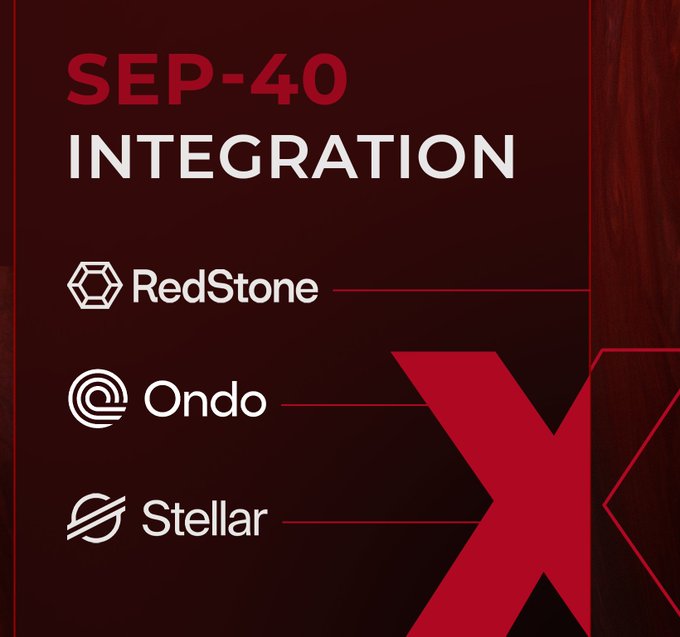 A promotional graphic with the text 'SEP-40 INTEGRATION' listing RedStone, Ondo, and Stellar against a dark red background with a large stylized X logo.