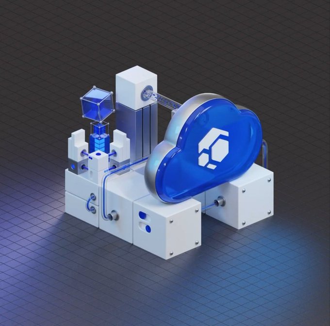 A 3D rendered illustration shows a white and blue cloud computing infrastructure with a glowing blue cloud icon containing a hexagonal symbol, connected to server components and a glowing cube.