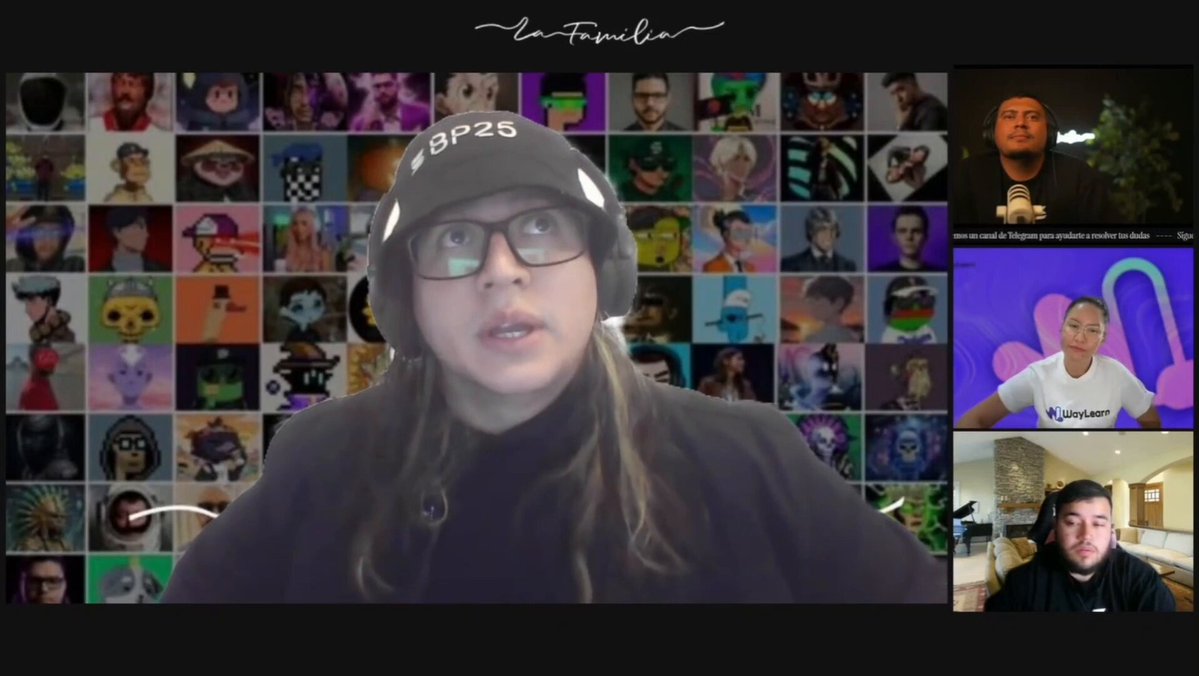 The image shows a group of people sitting around a table with laptops open, likely participating in an online meeting or discussion. The participants are wearing hats and glasses, suggesting that they might be engaged in a video conference call. The background features a collage of various images, including logos for different companies such as La Familia, @waylearnlatam, and Solana. This indicates that the group is discussing topics related to Latin America or possibly working on a project involving this region.