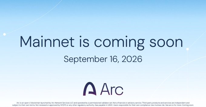 A promotional graphic with a light blue background announces that "Mainnet is coming soon" with the launch date "September 16, 2026," alongside the Arc logo. The image aligns with the post confirming Arc's official mainnet launch date, while the user questions whether a token generation event (TGE) will also occur.