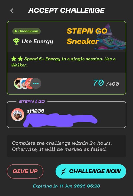 The image shows a screenshot of a mobile app interface with the text "ACCEPT CHALLENGE" displayed. The app seems to be related to fitness, as indicated by its logo and design elements. The user has already started a challenge, as indicated by the timer in the top left corner of the screen showing that it is time for them to finish their workout. Additionally, there are three badges visible on the mobile device's home screen indicating various accomplishments within the fitness challenge.