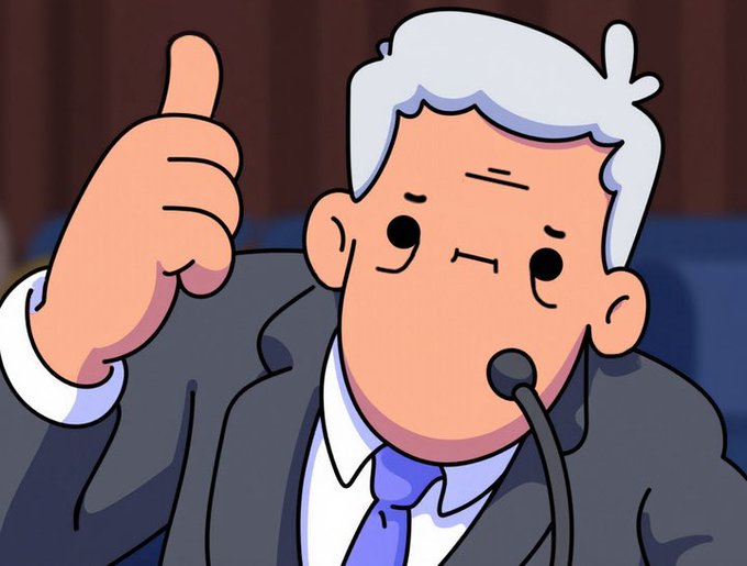A cartoon illustration of an older man with gray hair in a dark suit and blue tie giving a thumbs-up while speaking into a microphone.