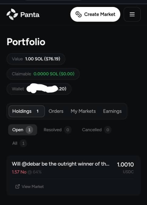 A screenshot of a Panta prediction market portfolio showing a value of 1.00 SOL ($76.19) and a holding on the market "Will @debar be the outright winner of th..." at 1.57 NO @ 64% odds, with a position size of 1.0010 USDC—visually supporting the user's prediction that Debar won't finish first in the NectarFi Frontier Traders Competition.