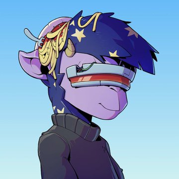 An illustration of a purple anthropomorphic character with blue hair containing stars, wearing red visor goggles and a black turtleneck.