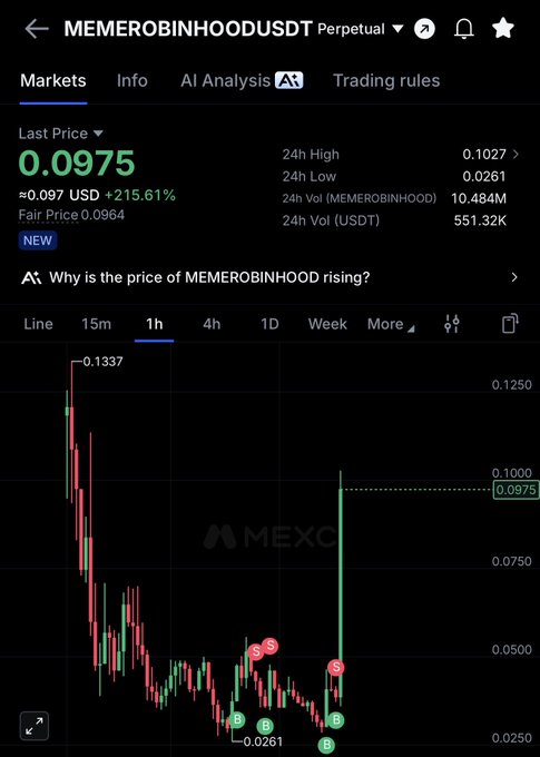 This image displays the real-time price chart for MEMEROBINHOODUSDT, showing a significant price increase to 0.0975 USD, a 215.61% surge. This aligns with the post's claim of identifying and capitalizing on rapid crypto gains.