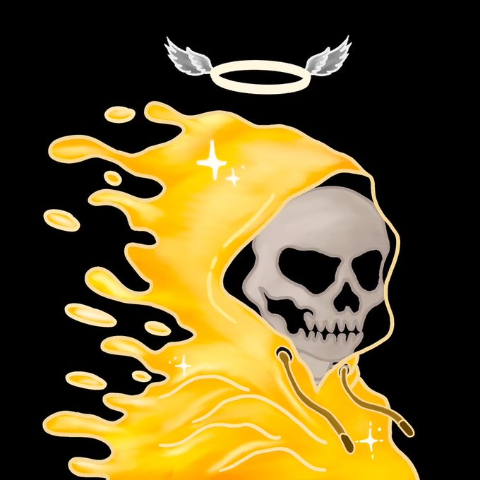 A digital illustration of a hooded skull character in a flowing yellow hoodie with sparkling accents, topped by a floating silver winged halo against a black background.
