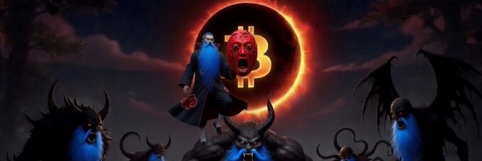 A hooded figure stands atop demonic creatures before a glowing Bitcoin (₿) logo shaped like a solar eclipse, symbolizing a bearish or apocalyptic crypto market. The eerie, hellish scene visually reinforces the post's prediction of Bitcoin's impending bottom.