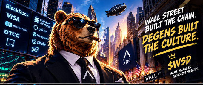 A promotional graphic for $WSD crypto token featuring an anthropomorphic bear in a suit and sunglasses smoking a cigar, set against a Wall Street backdrop with logos including BlackRock, Visa, Mastercard, DTCC, ICE, Standard Chartered, Galaxy, MoneyGram, Circle, and SBI, with text reading 'WALL STREET BUILT THE CHAIN. DEGENS BUILT THE CULTURE. $WSD. SAME MARKETS, DIFFERENT SPECIES.'