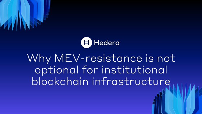The image features a blue background with white text that reads "Why MEV-Resistance is not optional for institutional blockchain infrastructure". The text is centered, making it easy to read. There are two blue circles placed at the top corners of the image, which appear to be part of an alien technology called hashgraph.