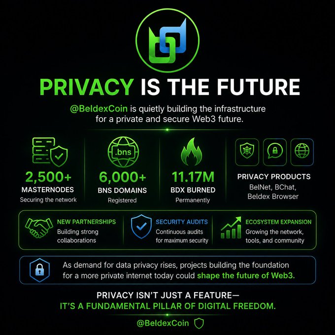 The image highlights @BeldexCoin's commitment to privacy in Web3, showcasing over 2,500 Masternodes, 6,000+ BNS Domains, and 11.17M BDX burned. This visual emphasizes their role in building a more private internet and its connection to the latest $BDX tokenomics update.
