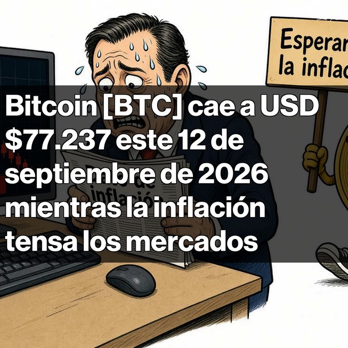 A worried cartoon businessman sweats while reading an inflation newspaper, with a sign reading "Esperar la inflación" (Wait for inflation) in the background, illustrating the post about Bitcoin [BTC] falling to USD $77.237 on September 12, 2026 amid market tension over U.S. inflation data.