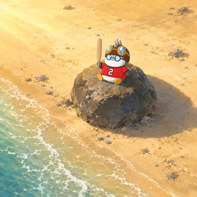 The image features a cartoon penguin sitting atop a rock, holding a baseball bat. The background of the image shows a beach with water and rocks, creating an impression that the penguin is enjoying its time at the beach while playing baseball. The caption "I'M calm because I have my Lil Pudgy" suggests that the penguin's presence on the rock adds to the overall sense of relaxation and leisurely atmosphere in the scene.