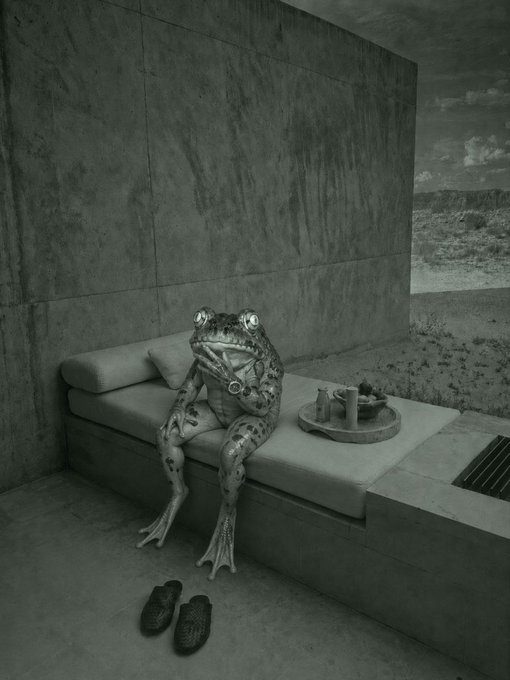 A surreal, monochromatic photograph of a frog wearing glasses and a watch, sitting on a concrete couch holding a tray, with a pair of woven shoes on the floor.