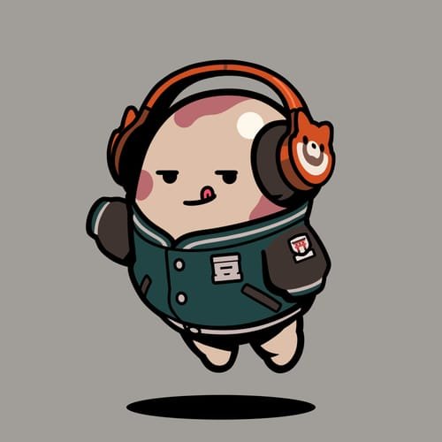 Chibi-style cartoon illustration of a round, cat-like character wearing orange headphones and a teal letterman jacket with an 'R' logo, featuring a small bear face design on the ear cup.