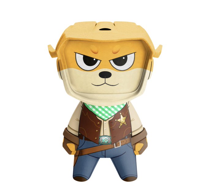 A Funko Pop-style figure of an anthropomorphic dog dressed in a cowboy outfit, featuring a tan hat, brown vest with sheriff's star, green checkered bandana, and blue jeans, visually tying into the post's speculative price prediction for the Blokyz NFT collection by evoking a Wild West sheriff theme.