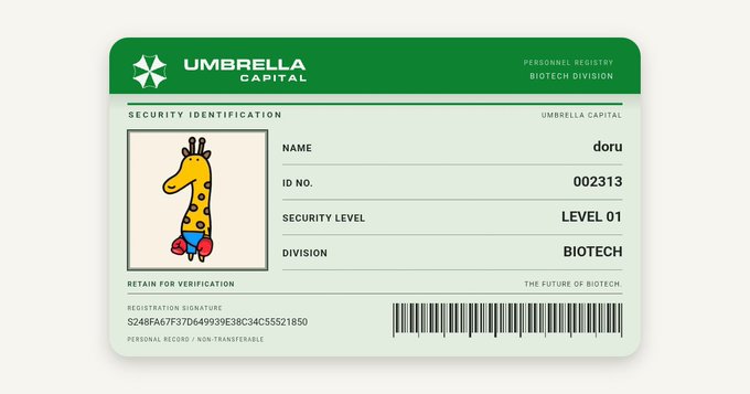 Umbrella Capital personnel registry ID card for 'doru' (ID No. 002313), Security Level 01, Biotech Division, featuring a giraffe character wearing boxing gloves.
