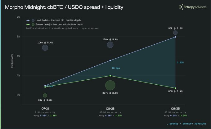 A dark-themed financial chart titled 'Morpho Midnight: cbBTC / USDC spread + liquidity' from Entropy Advisors, showing lend/borrow bubble depth trends across July, August, and September dates.
