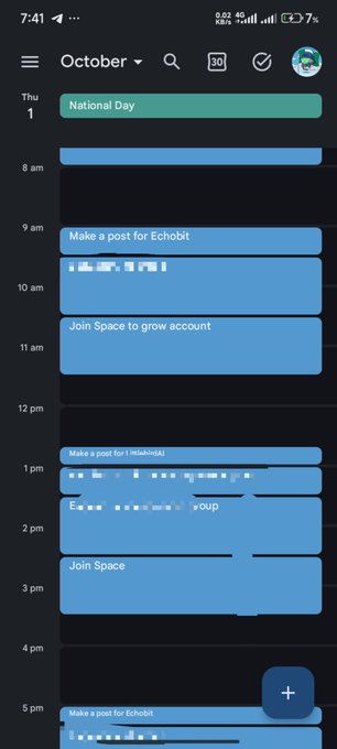 A screenshot of a Google Calendar for October showing a day filled with blue events, including "National Day" at the top, followed by tasks like "Make a post for Echobit," "Join Space to grow account," and "Join Space," with a "Make a post for Echobit" entry also at 5 PM, illustrating how a messy brain dump of tasks like prayers, workouts, content creation, and X Spaces was automatically organized into a structured daily schedule.
