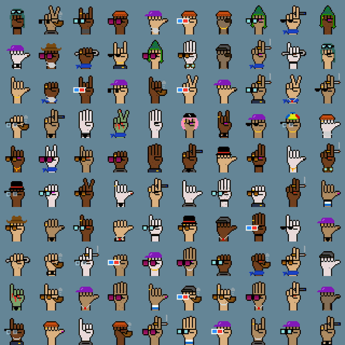 A pixel art collection displaying numerous stylized hand characters with various skin tones, accessories (sunglasses, hats, watches), and hairstyles, arranged in a grid pattern against a gray background.