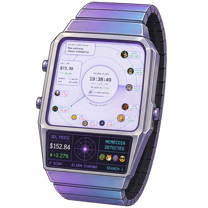 An illustration of a retro-futuristic wrist device with two screens displaying cryptocurrency data, including 'SOL PRICE $152.84', 'SOLANA CLOCK 19:38:49', and 'MEMECOIN DETECTED', along with various avatars.