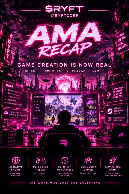 A neon pink cyberpunk-style promotional graphic for SRYFT (@RYFTCORP) AMA Recap highlighting 'Game Creation is Now Real' with features like AI native engine, no coding needed, and 30-45 minutes from prompt to game.