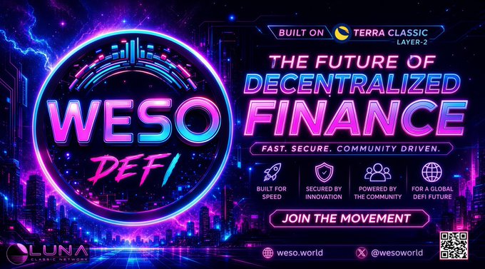 The image shows a poster for a cryptocurrency called WESO DeFi. The poster has a vibrant purple background with neon blue and pink elements, creating an eye-catching design. The text on the poster highlights the benefits of using WESO DeFi, such as fast transactions, secure storage, and community involvement in driving the future of finance.