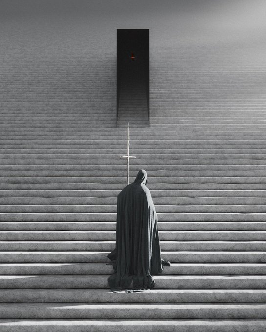 A dark, atmospheric image of a hooded, cloaked figure holding a sword while kneeling on a massive staircase, facing a dark doorway with a red symbol.
