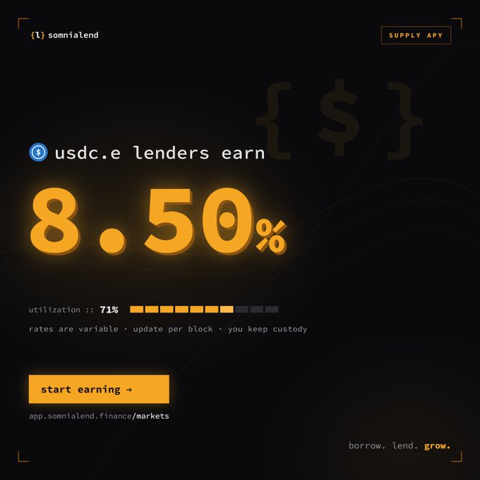 An advertisement for the SomniaLend DeFi platform promoting an 8.50% supply APY for USDC.e lenders, featuring a 71% utilization rate and a 'start earning' button linking to app.somnialend.finance/markets.