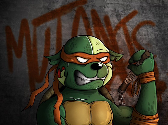 A cartoon illustration of a fierce Teenage Mutant Ninja Turtle character with an orange bandana, holding nunchucks, against a dark concrete wall with 'VILLAIN' graffiti in red.