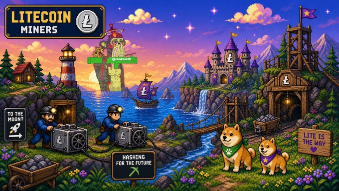 A colorful cartoon-style digital artwork for 'LITECOIN MINERS' featuring mining characters, Shiba Inu dogs, castles, and a ship in a fantasy landscape.