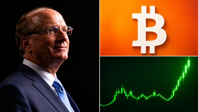 The image shows BlackRock CEO Larry Fink alongside the Bitcoin logo and a green upward-trending price chart, visually reinforcing the post's message that BlackRock's Bitcoin ETF is leading massive inflows, signaling significant institutional bullish momentum for Bitcoin.